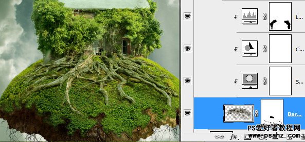 photoshop创意合成飘浮在空中的树屋特效教程