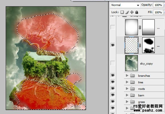 photoshop创意合成飘浮在空中的树屋特效教程