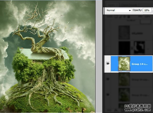 photoshop创意合成飘浮在空中的树屋特效教程