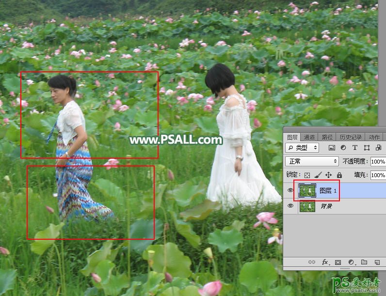 Photoshop快速抠出荷花风景图片中多余的人物，人物抠图实例教程