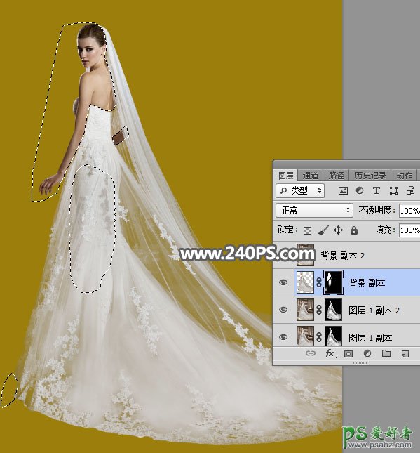 PS婚纱照抠图教程：学习给室内拍摄的欧美女性婚纱照进行抠图换背