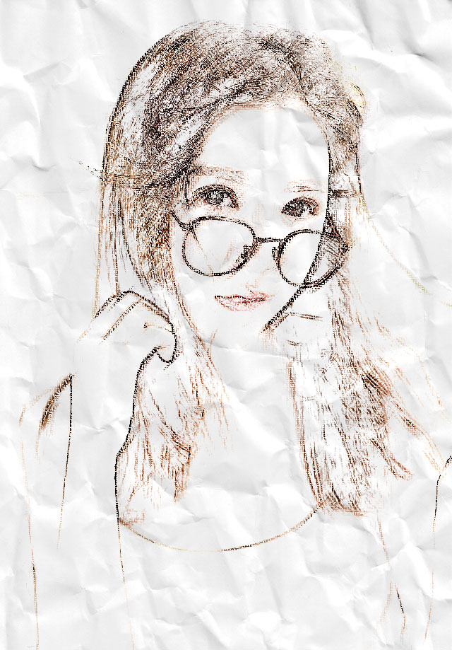 PS滤镜教程：给戴眼镜的美女写真照做成褶皱纸上的蜡笔画效果