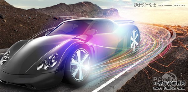 PS合成教程：设计梦幻光丝效果的光影跑车宣传图片