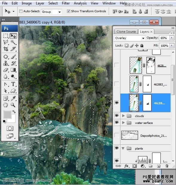 Photoshop创意合成飘在海上的许愿瓶和淹没的海岛