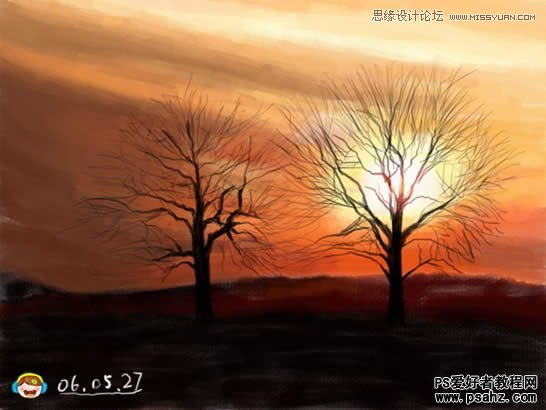 photoshop鼠绘晨曦中的小树林插画风景图片