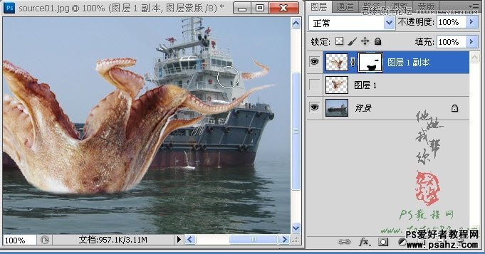 photoshop合成史前大章鱼袭击轮船的电影场景特效