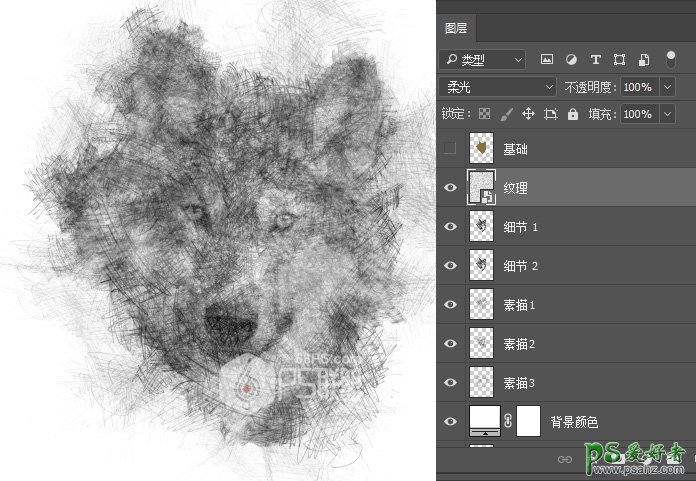 Photoshop手工制作漂亮的铅笔画效果的狼头像，涂鸦素描野狼头像