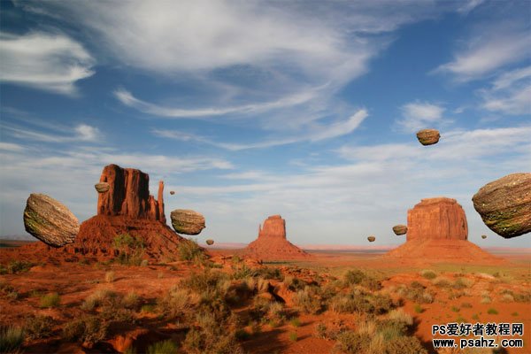 photoshop合成一幅失重状态下人物攀爬石头的场景