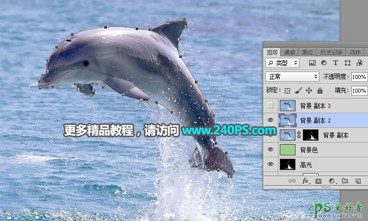 利用Photoshop通道及调色工具快速把跃出水面的海豚素材图片