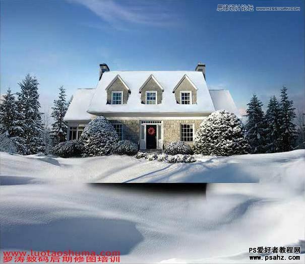 PS合成教程：打造冬季夜色下的雪景别墅风景图片