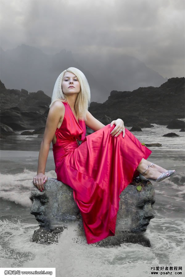 photoshop创意合成海边坐着的优雅欧美少女