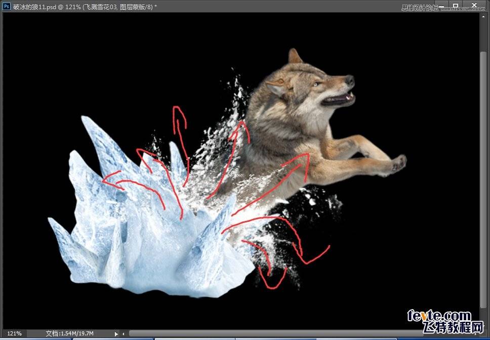 Photoshop合成从冰雪中跃出的恶狼图片