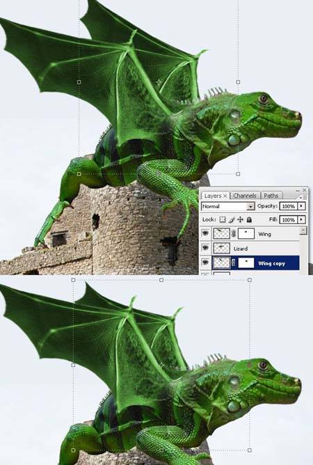 PS怎样合成趴在城堡上的绿色翼龙图片