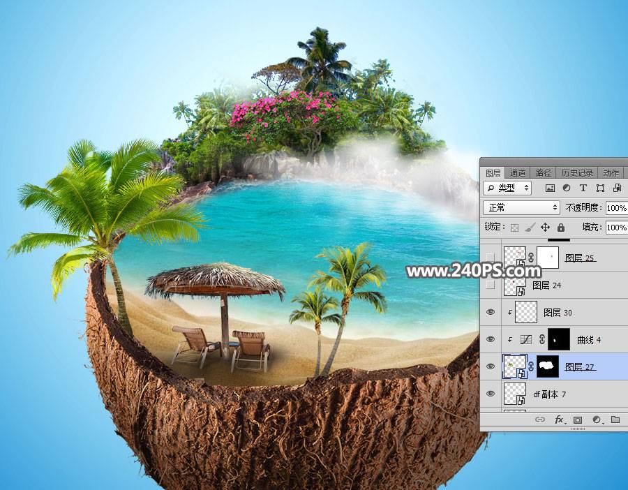 Photoshop合成椰子里面的漂亮沙滩场景图片