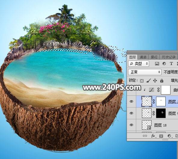 Photoshop合成椰子里面的漂亮沙滩场景图片