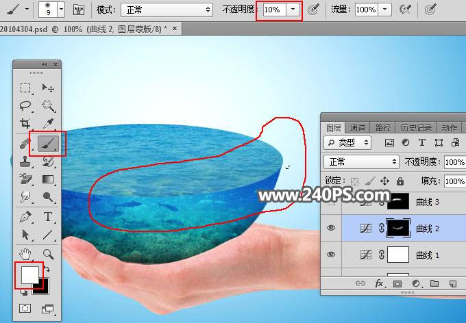 Photoshop合成手掌中的创意水立方冲浪图片