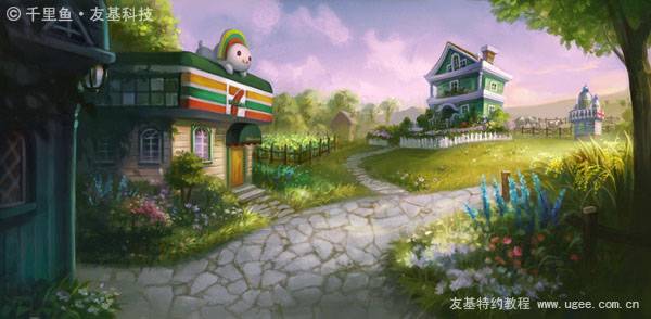 PS鼠绘卡通动漫村庄场景图片