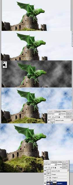 PS怎样合成趴在城堡上的绿色翼龙图片