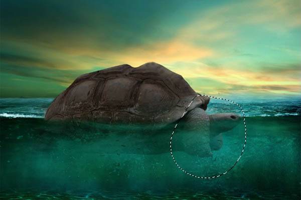 用PS合成拖着大山游泳的大海龟图片