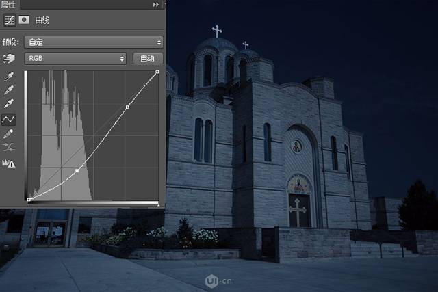 将白天教堂照片转成黑夜效果的PS技巧