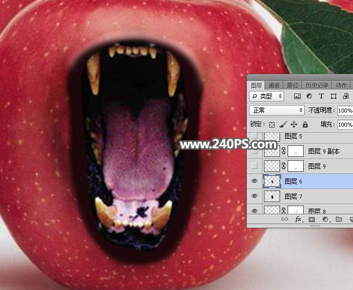 合成张开恐怖大嘴苹果图片的PS教程