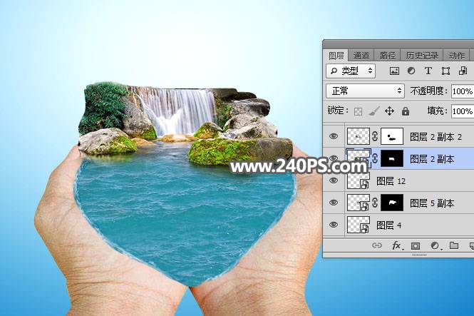 合成创意手捧微观瀑布场景图片的PS教程