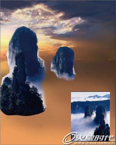 Photoshop合成山峰中的漂亮云海图片