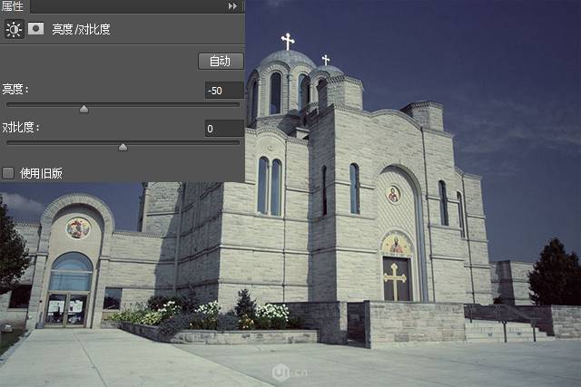将白天教堂照片转成黑夜效果的PS技巧