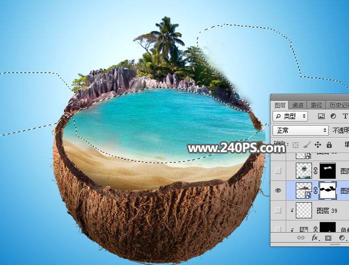 Photoshop合成椰子里面的漂亮沙滩场景图片