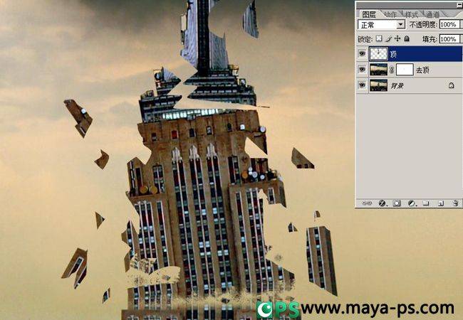 合成天外陨石撞击大楼爆炸图片的PS教程