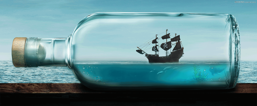 PS合成巨大漂流瓶中航行的海盗船图片