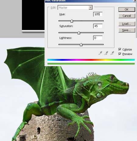 PS怎样合成趴在城堡上的绿色翼龙图片