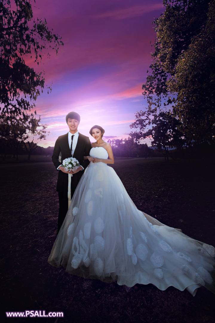 给外景婚片添加唯美紫色夕阳效果的PS教程