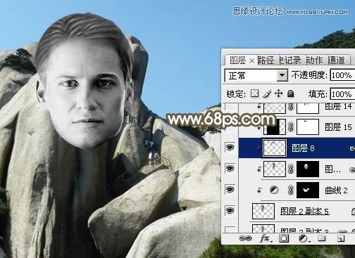 Photoshop合成石头山中的真人石像照片