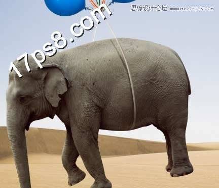 PS合成气球捆绑起飞的可爱大象图片