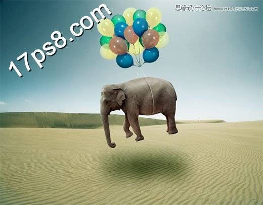PS合成气球捆绑起飞的可爱大象图片