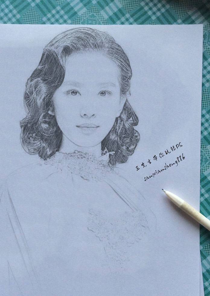 PS软件将美女头像照片制成逼真素描画